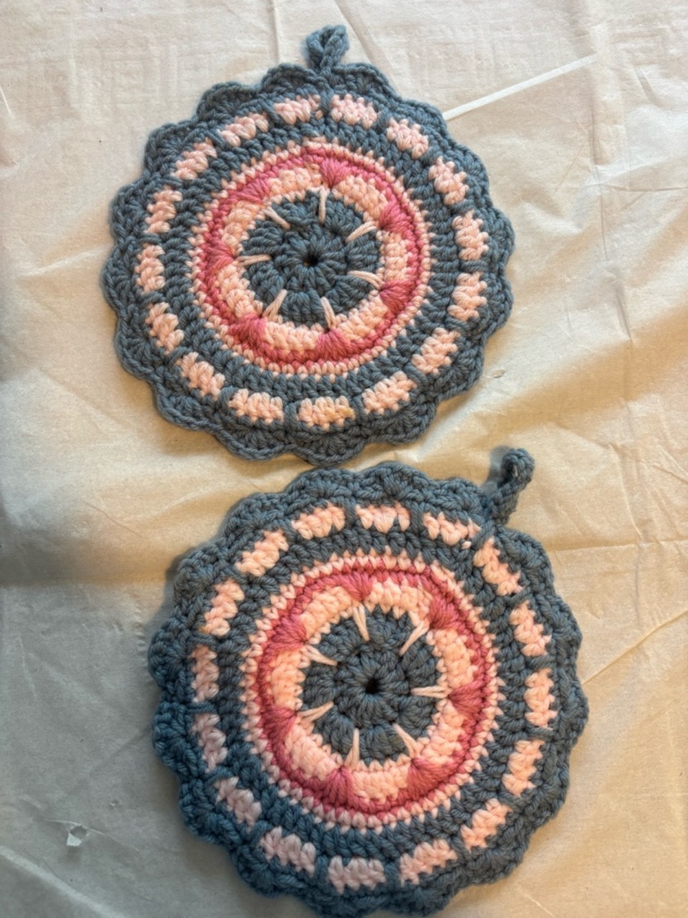 Handmade Crochet Round Pot Holders in Blue, Pink & Cream